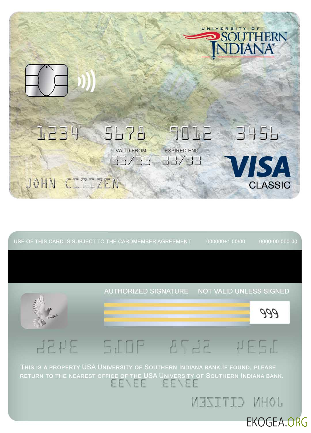 Carte visa classique de l'Université du sud de l'Indiana aux États Unis